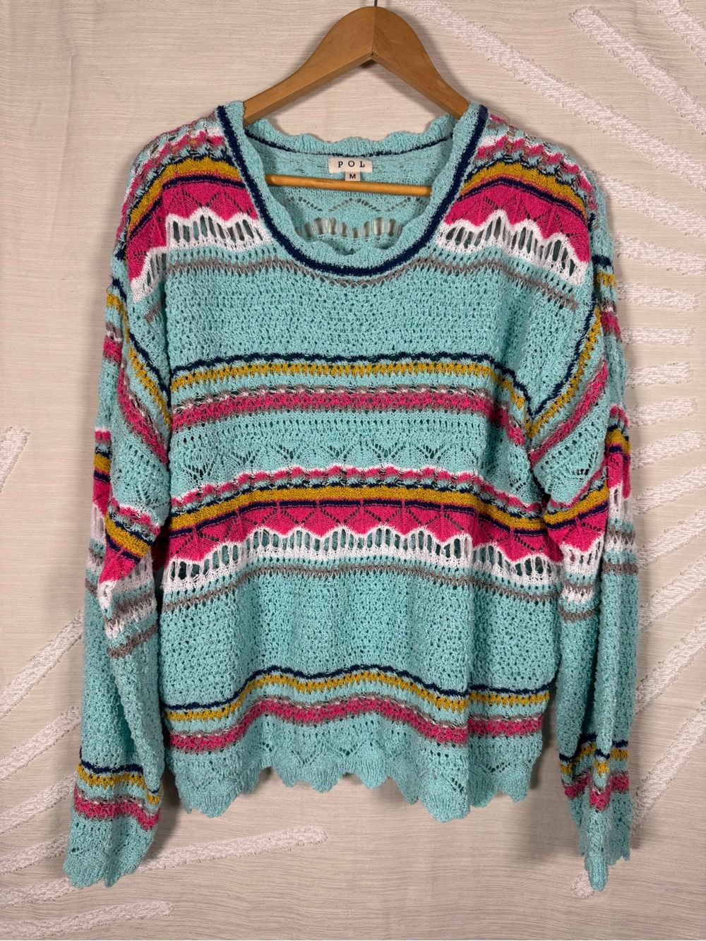 POL Women’s Medium Aqua Open Knit Striped Boho Sweater - Picture 2 of 8